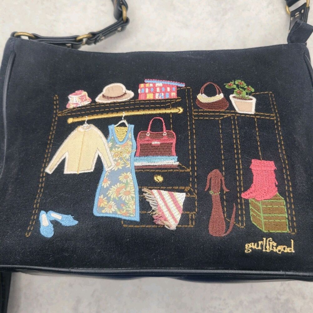 Gurlfriend Black Boutique Shoulder Bag Purse Canvas Embroidered Extra Pouch